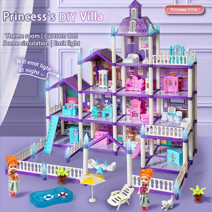 LED Dollhouse Playset for Girls – Purple Multi-Room Playhouse with Doll Figures, Puppies, Furniture & LED Lighting, 6 to 16 Room Options, Creative Imaginative Gift for Girls Ages 3-10 Birthday Christmas