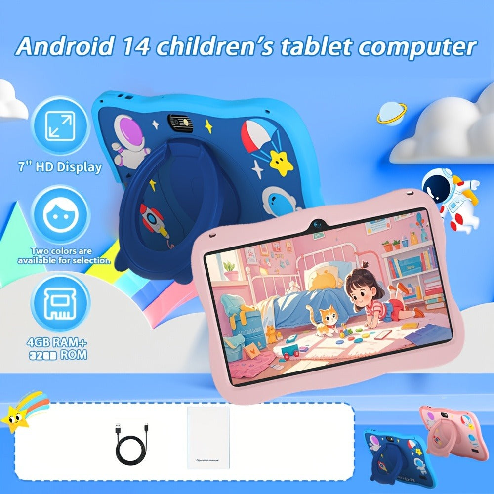 2026 Upgraded Android 14 Kids Tablet with Protective Case, 7-inch Children's Tablet, Google Kids Space, Parental Control Features, 4GB RAM + 32GB Storage, WiFi, Bluetooth, YouTube Support, Ideal Gift for Toddlers, Blue and Pink