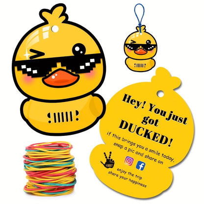 Duck Duck Ducked Party Game Cards 50 Pack – Printed Yellow Duck Tags with Round Hole & Rubber Bands, Viral Outdoor Group Activity for Kids, Teens & Adults, Fun Icebreaker for Birthday Parties, School Events & Team Building