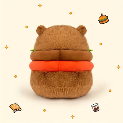 Capybara Plush Stuffed Animal Hamburger — Funny Cute Kawaii Capybara with Burger Hat Soft Plush Toy, Couch Pillow Doll, Unique Gift for Girls Kids Teens, Birthday Christmas Gift