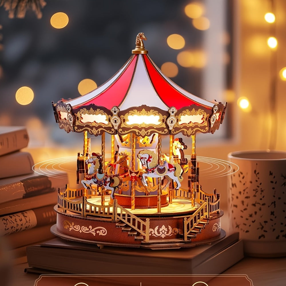 Rolife Carousel Music Box Kit – DIY 3D Wooden Puzzle Architectural Craft Model, Spinning Carousel with Music, Hobby Home Decor, Valentine's Day Birthday Christmas Anniversary Gift for Adults Teens