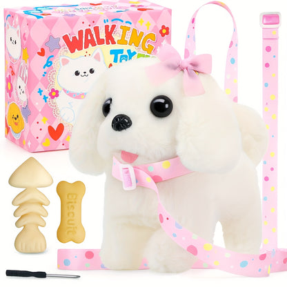 Plush Interactive Puppy Toy Electronic Walking Barking Dog, Tail Wagging Action with Leash And Bow, Perfect Gift for Easter, Christmas, And Birthday Celebrations