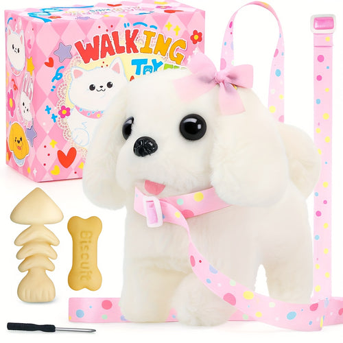 Plush Interactive Puppy Toy Electronic Walking Barking Dog, Tail Wagging Action with Leash And Bow, Perfect Gift for Easter, Christmas, And Birthday Celebrations