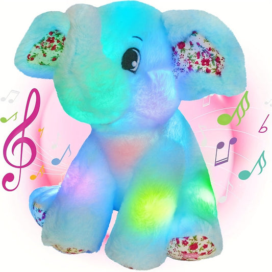 Musical Glowing Blue Elephant Plush Toy, Happy Easter Soft Elephant Plush Toy Floppy LED Stuffed Animals Lullabies Nightlight Companion for Kids, Birthday Gift for Toddlers, Adorable Playing Doll