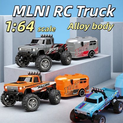 Small Die-Cast Remote-Controlled Vehicle, 1/64 Scale Mini RC Off-Road Truck with a Trailer, 2.4Ghz Climbing Vehicle, Rechargeable Die-Cast Mini RC Car with Lights, Adjustable Speed And Steering, Pocket-Sized Toy, Palm-Sized Toy
