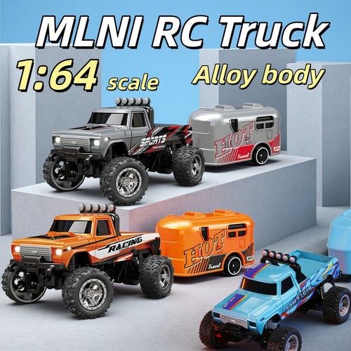 Small Die-Cast Remote-Controlled Vehicle, 1/64 Scale Mini RC Off-Road Truck with a Trailer, 2.4Ghz Climbing Vehicle, Rechargeable Die-Cast Mini RC Car with Lights, Adjustable Speed And Steering, Pocket-Sized Toy, Palm-Sized Toy