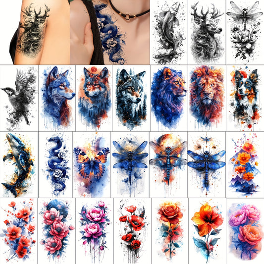 24 Sheets Large Temporary Tattoo for Women, Watercolor Realistic Tattoos, Long-lasting Fake Tattoo Stickers, Cool Black Multicolor Body Half Arm Tattoos, Flower Animals Tattoo Design