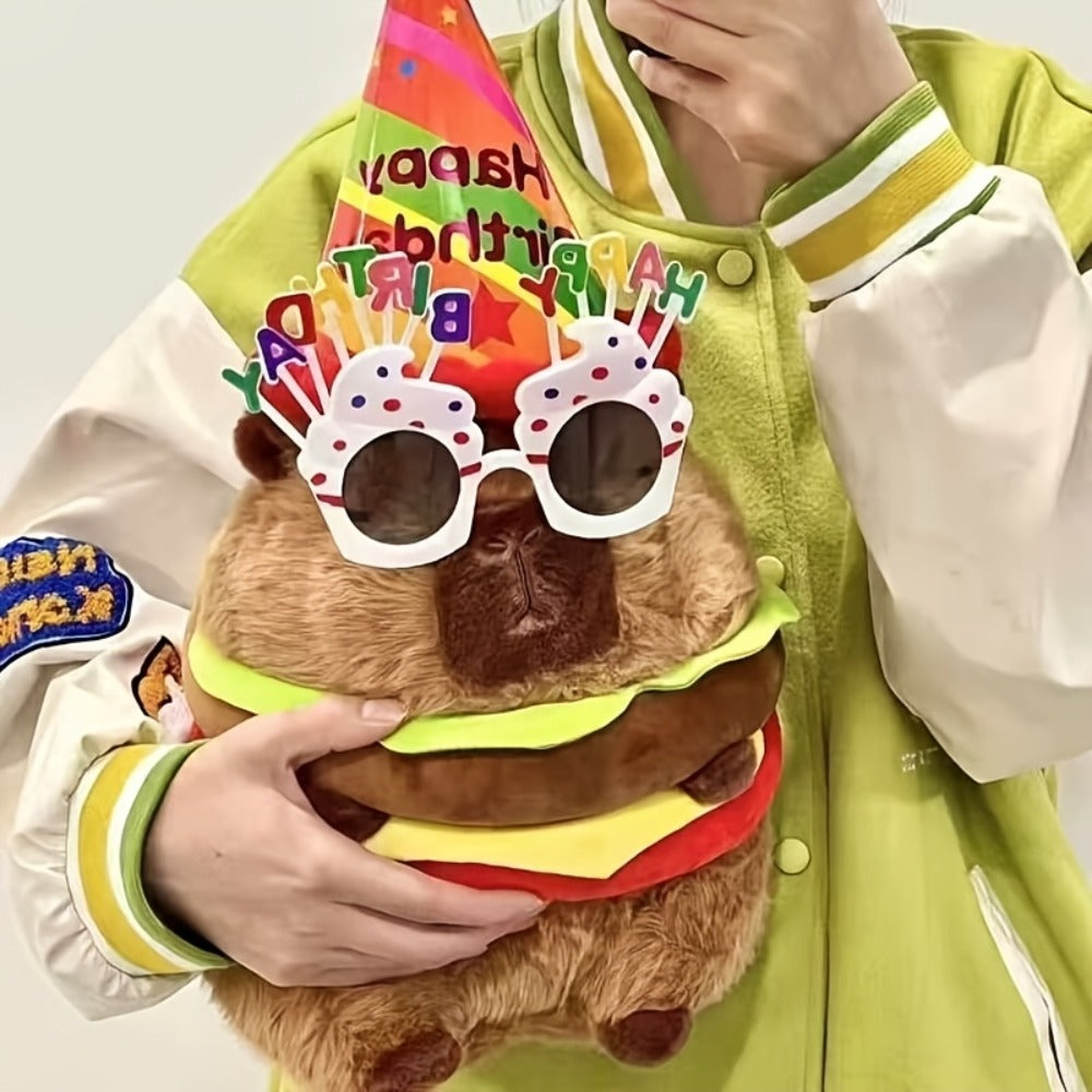 Capybara Plush Stuffed Animal Hamburger — Funny Cute Kawaii Capybara with Burger Hat Soft Plush Toy, Couch Pillow Doll, Unique Gift for Girls Kids Teens, Birthday Christmas Gift