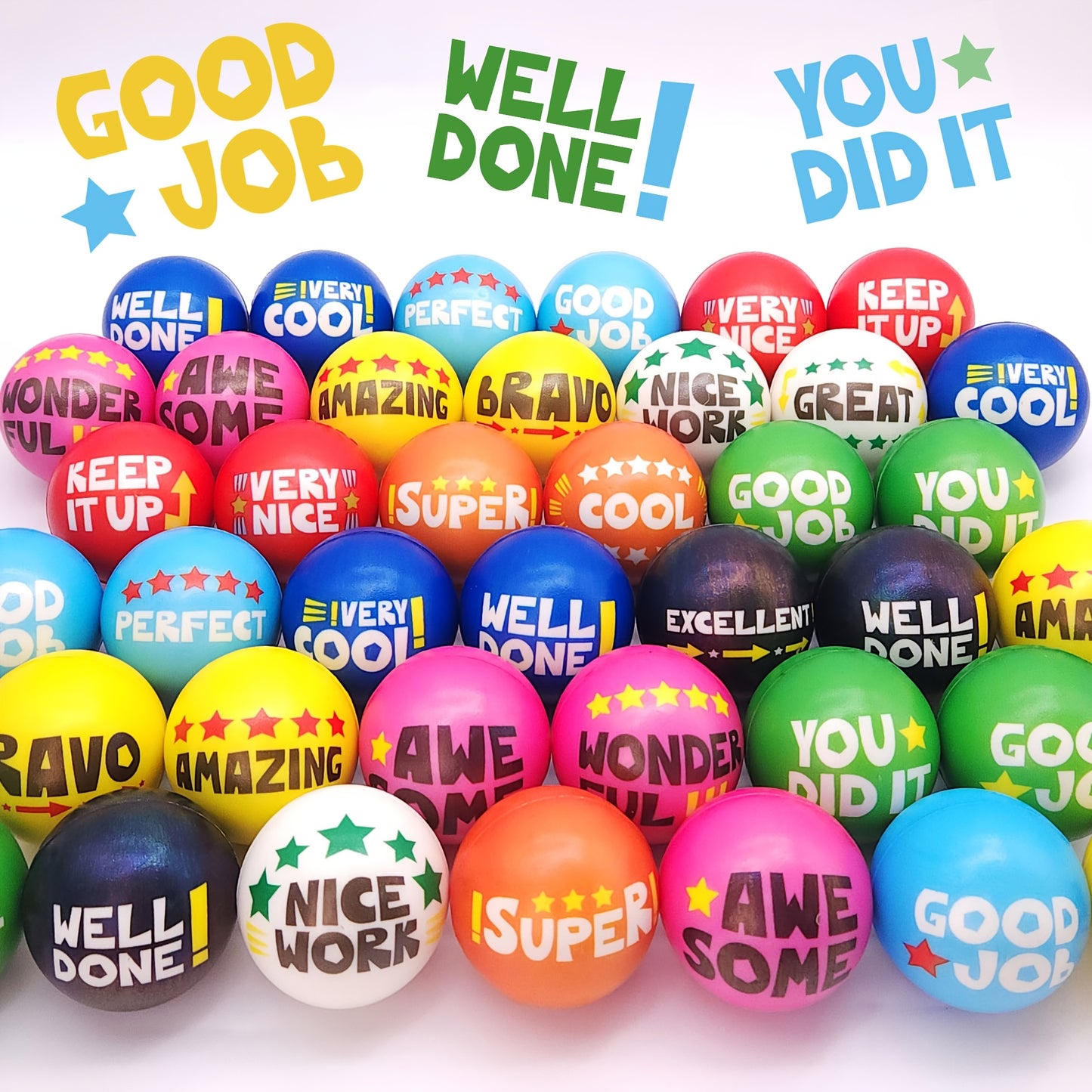 24 Pack Multicolor Motivational Squeeze Balls Suitable for Classroom, Office, Team Building - Soft Squertzy with Positive Affirmation Slogans, Prizes & Rewards (24pcs, 2.48inch)