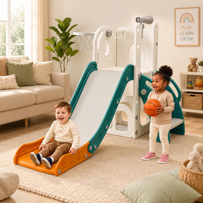 Toddler Slide Kids Climber Slides Baby Slider for Toddler, L Shaped Indoor Outdoor Playground Playset with Basketball Hoop, Storage, Telescope Toy Easy Assembly Gift for Boys And Girls