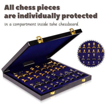 Luxury Metal Chess Set with Marble Board – Zinc Alloy Gunmetal & Gold Pieces Extra Queens 11.5" Elegant Chessboard Gift for Adults Beginners Home Office Decor