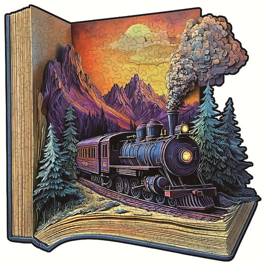 Book Galloping Train Wooden Puzzle for Adults-3D Vision Effect Wooden Puzzles, Unique Shape Pieces Wooden Jigsaw Puzzle, Creative Handmade Decorations, Holiday Gifts Home Decor Family Game