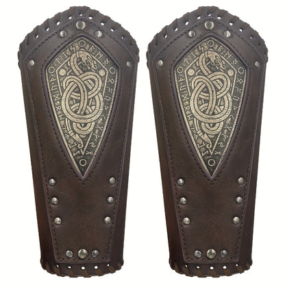 Viking Snake Wrist Guards 2-Pack Medieval Norse Leather Bracers, Nordic Retro Cosplay Props for Halloween LARP Renaissance Faire Costume Accessory, Black & Coffee