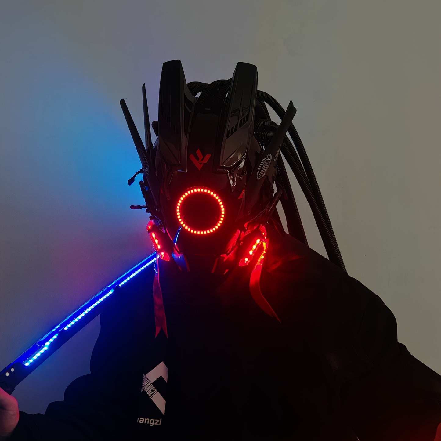 1pc Fashion Cool LED Punk Mask with Braids, Futurist Sci Fi Mechanical Mask Halloween Cosplay Samurai Mask Music Festival Party Cool Play Accessories Adult Gift