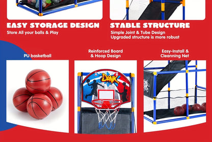 Kids Adjustable Basketball Hoop Set Arcade-Style Stand 4 Balls Air Pump 55 Inch Height Indoor Outdoor Sport Play Birthday Christmas Gift Boys Girls Ages 3+ Multicolor Red Blue