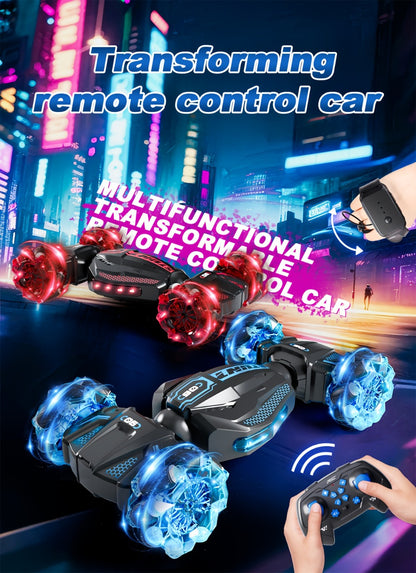 RC Stunt Car 1:24 Scale 8WD Dual Remote Control for Kids Boys Girls – 2.4GHz 28KM/H Crash-Resistant Race Car All-Terrain Tires LED Lights Two Player Birthday Christmas Holiday Gift Red Blue