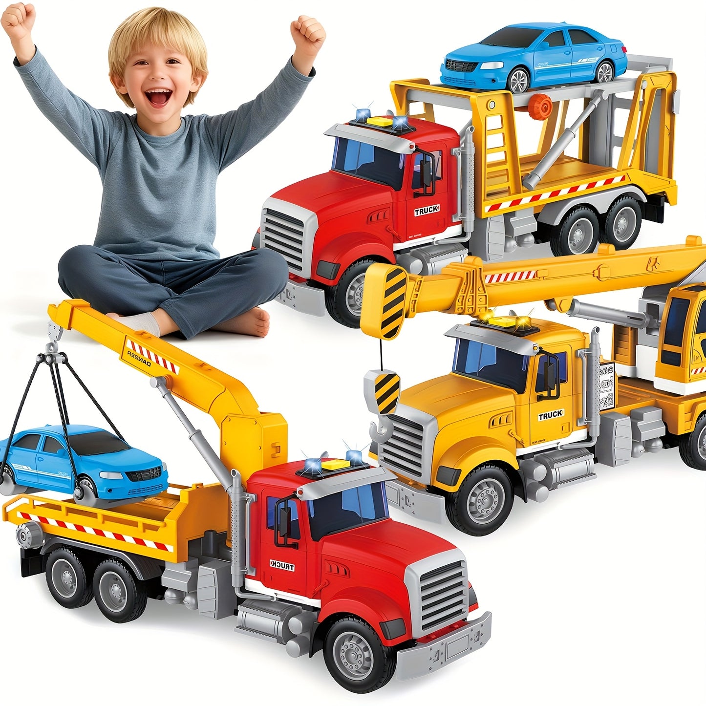 Kids Toys for 3 4 5 6 Boys, 13"Tow Truck Toy, Friction Powered Transport Truck Crane Toy with Lights And Sounds, Birthday Gifts for Boy Child