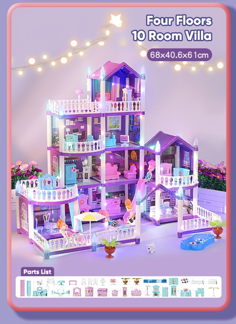LED Dollhouse Playset for Girls – Purple Multi-Room Playhouse with Doll Figures, Puppies, Furniture & LED Lighting, 6 to 16 Room Options, Creative Imaginative Gift for Girls Ages 3-10 Birthday Christmas