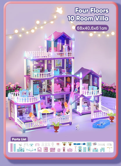 LED Dollhouse Playset for Girls – Purple Multi-Room Playhouse with Doll Figures, Puppies, Furniture & LED Lighting, 6 to 16 Room Options, Creative Imaginative Gift for Girls Ages 3-10 Birthday Christmas