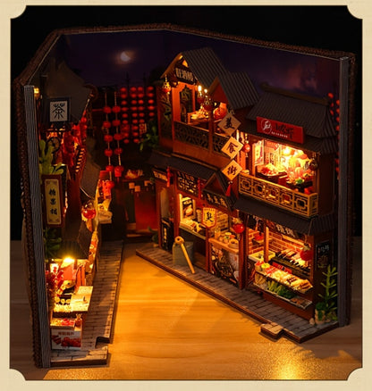 Book Nook Kit Chinese Food Street Miniature Dollhouse 3D Wooden Puzzle Bookshelf Insert DIY Model Building Set for Adults Teens – No Glue Needed Birthday Christmas Housewarming Gift