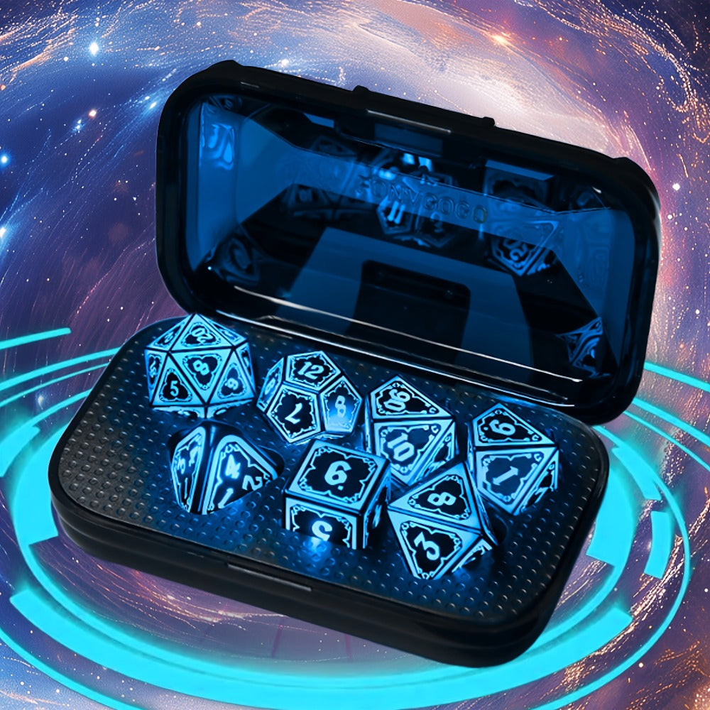 Glowing DnD Dice Set with Wireless Rechargeable Charging Case – 7-Piece LED Light Up Polyhedral Dice D4 D6 D8 D10 D12 D20 for Dungeons & Dragons, Pathfinder & Tabletop RPG, 6-Hour Battery, Mixed Blue Purple, Unique Gamer Gift