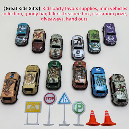 Dinosaur Toy Car Set 29-30pcs – Mini Pull Back Racing Cars with T-Rex Spinosaurus Pterodactyl Figures & City Traffic Map | Party Favors, Classroom Prizes, Birthday Gift for Boys & Girls Ages 3+