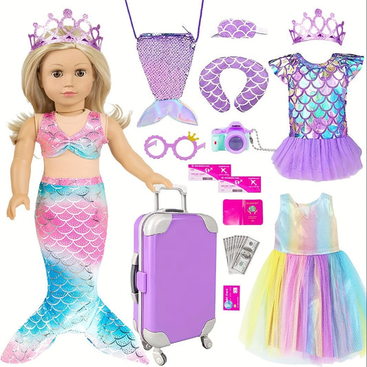 18 Inch Doll Clothes.(No Doll)And Accessories Mermaid Dress Luggage Case Travel Play Set Include Suitcase, Dresses, Bag, Camera, Glasses, Pillow, Eyeshade.Christmas Gift for Ages 3+