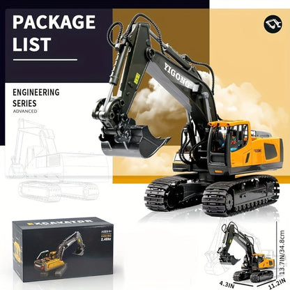RC Excavator Toy 1:18 Scale 2.4GHz with Metal Scoop Lights Sound Effects 680-Degree Rotation, Remote Control Construction Vehicle Set Dump Truck Bulldozer Loader for Boys Ages 8+, Birthday Gift