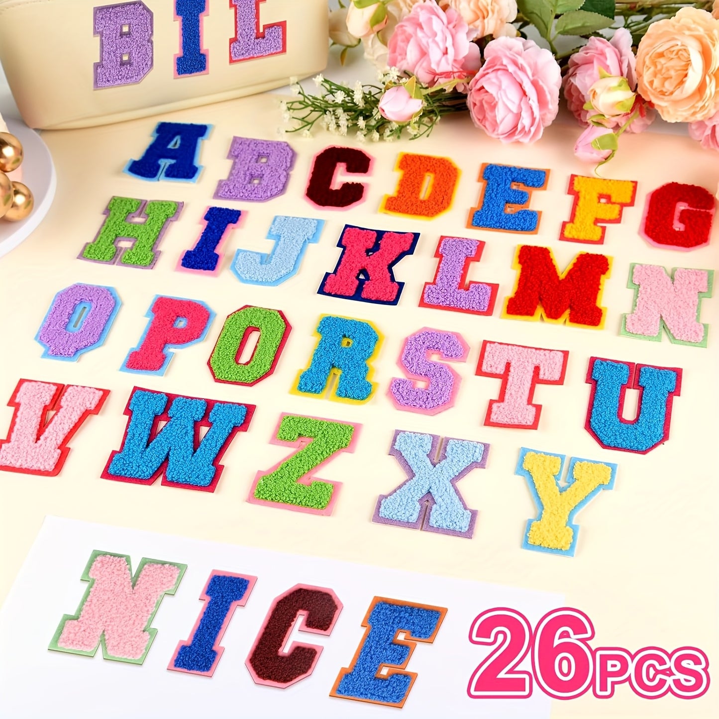 26pcs Self Adhesive Letter Patches Chenille Letters Stickers, A-Z Embroidered Applique Patches Alphabet Cloth Patch for Clothes, Bags, Hat, Phone Case, DIY Accessories
