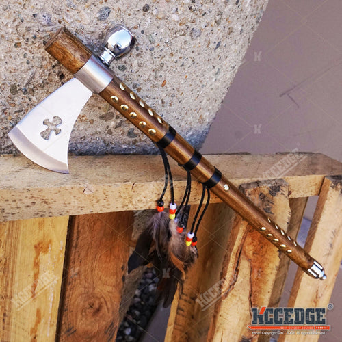 19" Native American Indian Hatchet Tomahawk w/ Non-Functional Peace Pipe Southwestern Style Replica Axe Display with Stainless Steel Bowl & Wooden Handle - Wrapped Shaft with Feather & Brass Accents - Decorative Hatchet Collectible for Western Decor & Cul