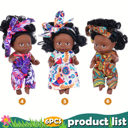 Mini Black Baby Doll Set 6 Pcs 4.5 Inch Curly Hair Rotatable Poseable – Flower Pajamas Gift Box, Cute Diverse Newborn Dolls for Kids, Birthday Christmas Holiday Gift for Girls Ages 3+ (Random Patterns)