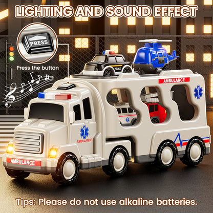 Ambulance/ Construction Truck Toys, 5in 1 Carrier Trucks Cars for Boy Toys Birthday, Car Trucks Friction Power Toys with Light Sound