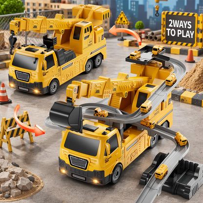 [Birthday Christmas Easter] BABY HOME 3-In-1 Crane & Excavator & Cars Racing Track Play Set for Aged 3+, Construction Vehicle Toy with Light & Sound, Birthday Christmas Easter Holiday Toy Gift