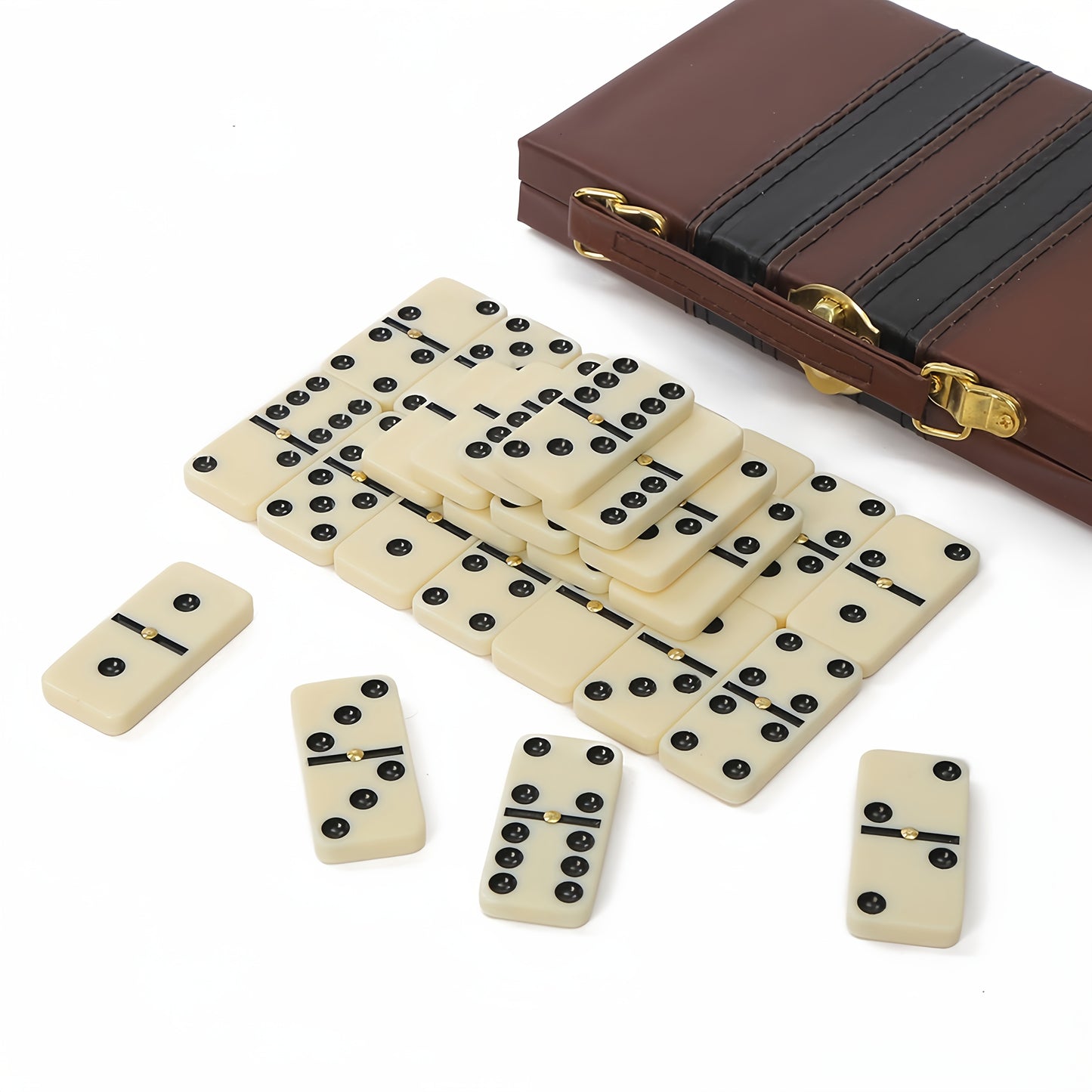 Domino Set -28 Classic Black Dominoes Boxed | Thanksgiving, Halloween, Christmas Ideal Gift | Durable Plastic Dominoes And Leather Storage Box, Portable Design Suitable for Family Games, Party Group Games. Elegant Packaging, Advanced Card Surface
