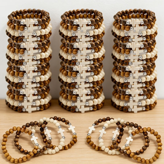 Cross Bracelets Bulk for Baptism Party Favors – 20/40PCS Vintage Ethnic Alloy Cross Pendant Woven Elastic Bracelets, Assorted Colors Christian Religious Jewelry Gifts for Kids Adults