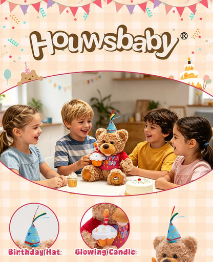 Singing Birthday Teddy Bear Plush Toy 13.5 Inch Interactive Stuffed Animal with Glowing Cupcake Candle Electric Music Bear Gift for Kids Girls Boys Baby Shower Christmas Holiday