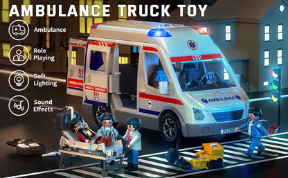 Kids' Emergency Vehicle Playset - Realistic White Ambulance with Flashing Lights & Sound, Friction-Powered, Ideal for Ages 3-8, Perfect Holiday or Birthday Gift, Playset for Youngsters|Playful Design|Durable Playset, Emergency Vehicle Playset|Playful Desi