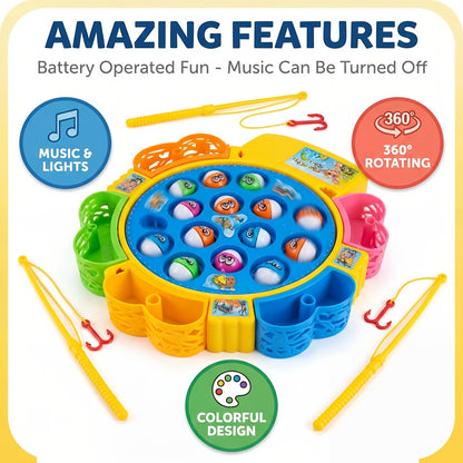 Building Blocks Set Electric Fishing Game Toy for Kids, Musical Rotating Fishing Board with Colorful Fish, Interactive Family Game, Educational Toy for Girls Ages 3+