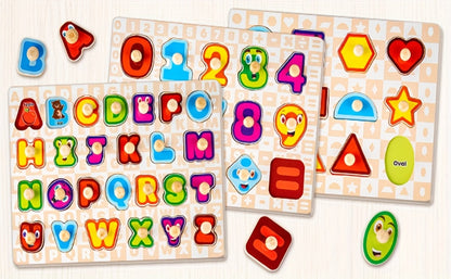 6-in-1 Wooden Puzzle Set for Toddlers 1 2 3 Year Old – Alphabet Number Shape Animal Dinosaur Vehicle Puzzles with Storage Rack, STEM Educational Learning Toy Gift for Baby Boys Girls