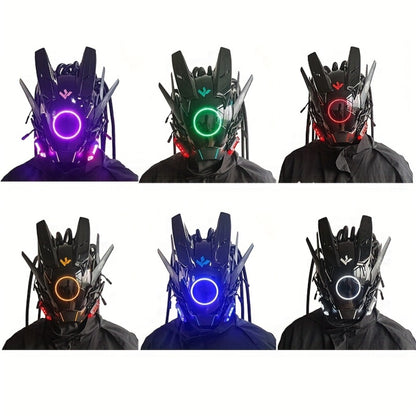 LED Cyberpunk Samurai Mask with Braids – Futuristic Sci-Fi Mechanical Face Mask for Halloween, Cosplay, Music Festival & Rave Party, Blue Green Pink, Free Helmet Included, Adult Gift