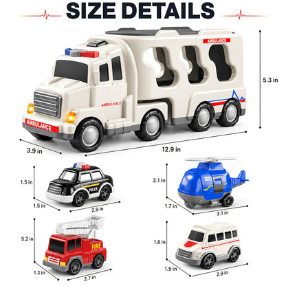 Babyhome Ambulance Truck 5 in 1 with Lighting & Sound, Friction Power Vehicle, Rescue Helicopter, Police Car, Fire Truck, Ambulance, Christmas, Birthday Gift, Interactive Toy Combination Toy Car