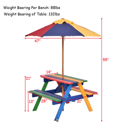 COSTWAY Kids Picnic Table Set, Wood Table and Bench Set with Removable & Foldable Umbrella, Stable Construction, Indoor Outdoor Picnic Table Bench Set for Toddlers, Great Gift for Boys & Girls