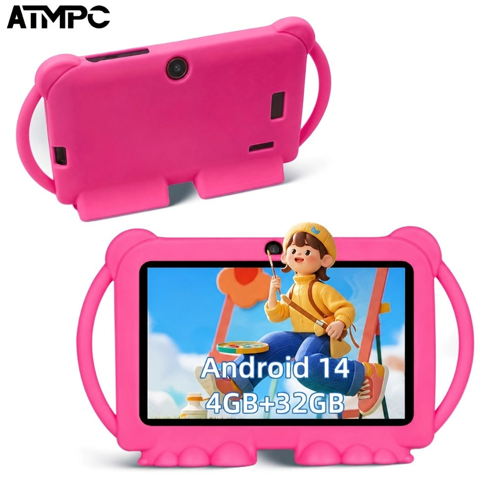 ATMPC, Local Warehouse, 7-Inch Android 14 Kids Handheld Tablet, 4GB RAM + 32GB ROM, Eye Protection IPS Screen, with Parental Controls, Learning Tablet, Wi-Fi, Large Screen Learning Entertainment Tablet, Parental Control, Pre-installed Apps