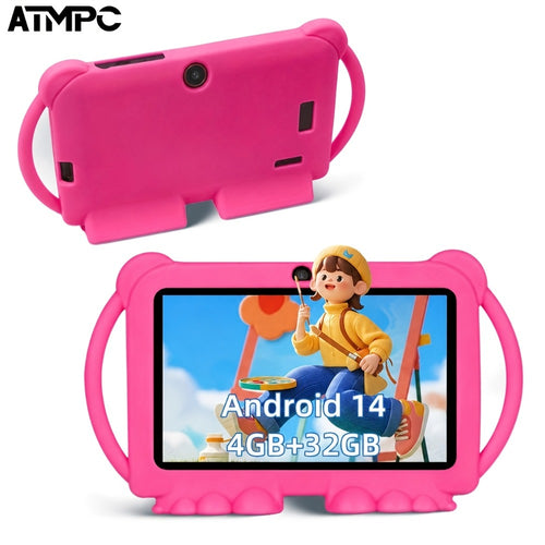 ATMPC, Local Warehouse, 7-Inch Android 14 Kids Handheld Tablet, 4GB RAM + 32GB ROM, Eye Protection IPS Screen, with Parental Controls, Learning Tablet, Wi-Fi, Large Screen Learning Entertainment Tablet, Parental Control, Pre-installed Apps