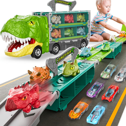 Dinosaur Truck Toys for Birthday Gift Idea, 2 Player Race Mode, Transport Carrier Kids, 63 Inch Foldable Race Track with 6 Dino Cars & 6 Die-cast Cars Durable Safety, Kids Christmas Gifts
