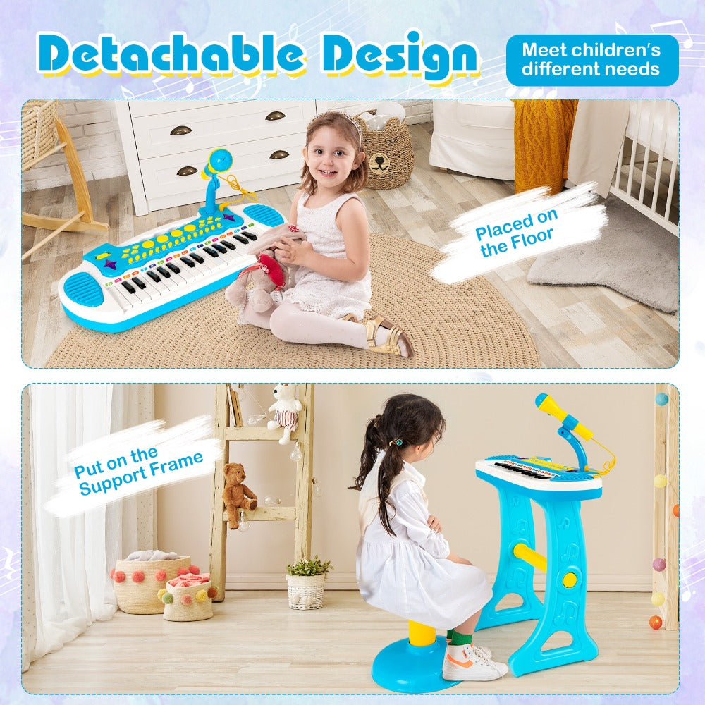 COSTWAY 31-Key Piano Toy, Portable Musical Instrument W/ Multiple Sounds And Light Effect, Adjustable Microphone And Stool, Cute Toy Keyboard for Boys And Girls, Gift for 3+, Blue