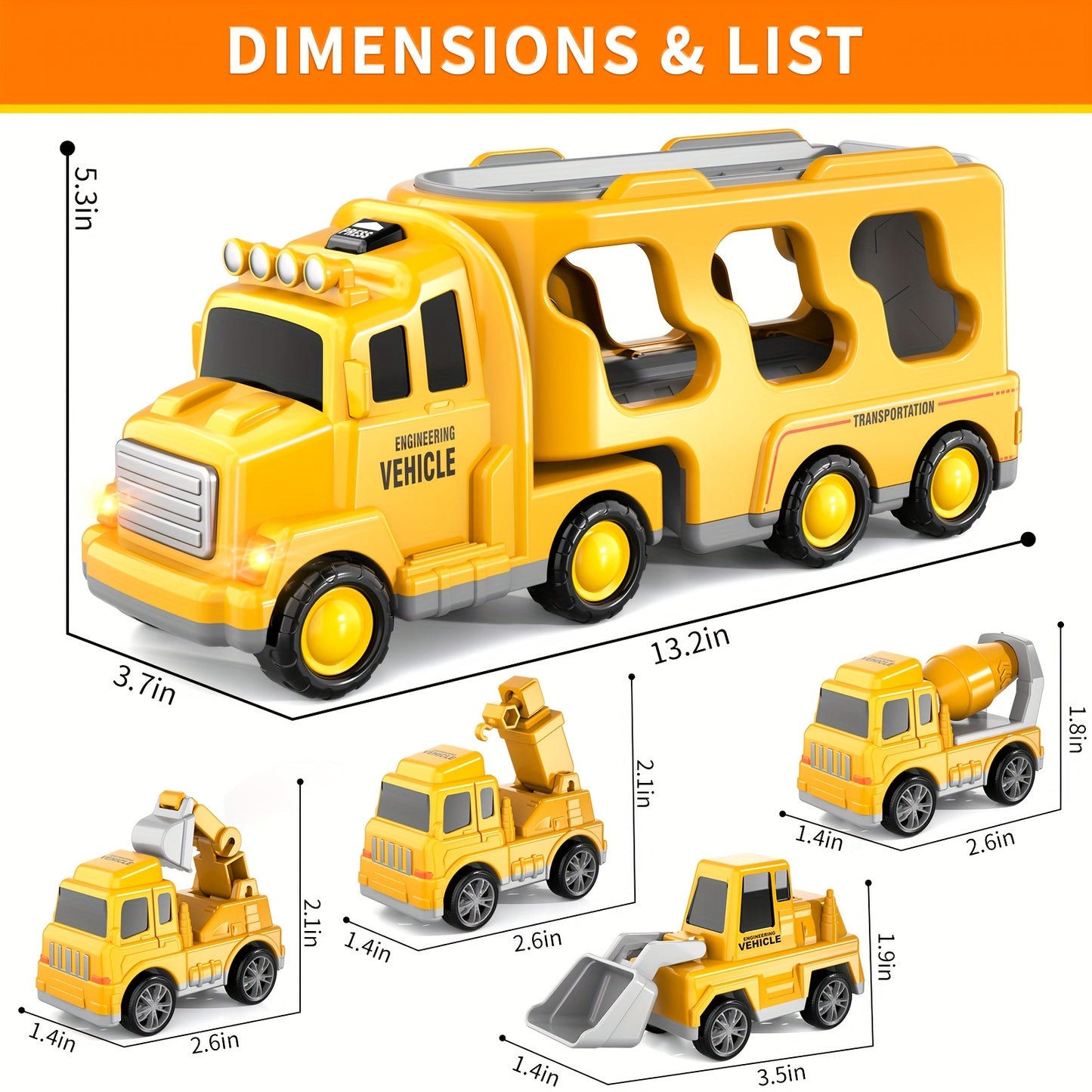 Ambulance/ Construction Truck Toys, 5in 1 Carrier Trucks Cars for Boy Toys Birthday, Car Trucks Friction Power Toys with Light Sound