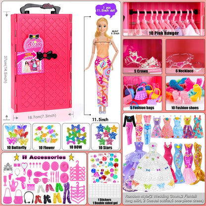 Fashion Doll Closet Wardrobe 139pcs Clothes Accessories Playset for 11.5 Inch Dolls – Princess Mermaid Dresses Shoes Hangers Handbags DIY Stickers Creative Gift for Girls Ages 3+ Birthday Christmas