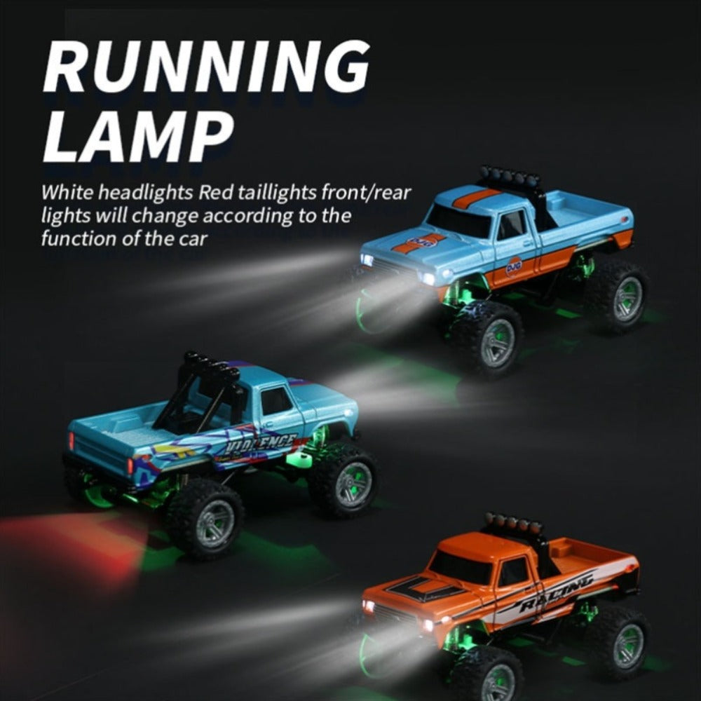 Mini RC Truck 1:64 Scale with Trailer – 2.4GHz Alloy Remote Control Monster Off-Road Pickup, Body Lights & Headlights, Rock Crawler Toy for Boys, Birthday Christmas Gift (Green/Gray/Blue)