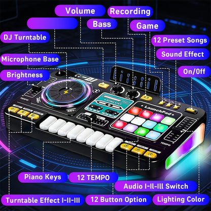 Children's Multi-functional DJ Mixing Controller Set Toy, with LED Lights, Sound Effects, Microphone, And Piano DJ Keyboard Instrument. An Interactive Music Toy for Children, Featuring Over 100 Sound Effects, Piano Keys, Disco Mode, And Rechargeable